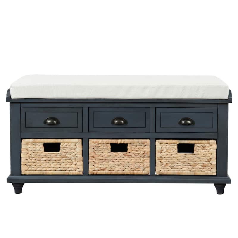Shoe Bench with 3 Drawers and 3 Rattan Baskets - 42"L x 15.4"W x 18.7"H - Antique Navy