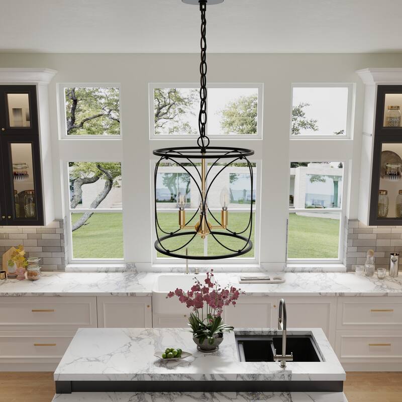 Farmhouse 3-Light Metal Cylinder Frame Pendant Lighting Fixture for Kitchen Island