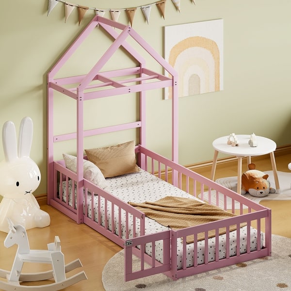 slide 2 of 9, Twin Size Wooden Children's Bed Platform Bed with Detachable Headboard and Integrated Clothes Drying Rack Pink