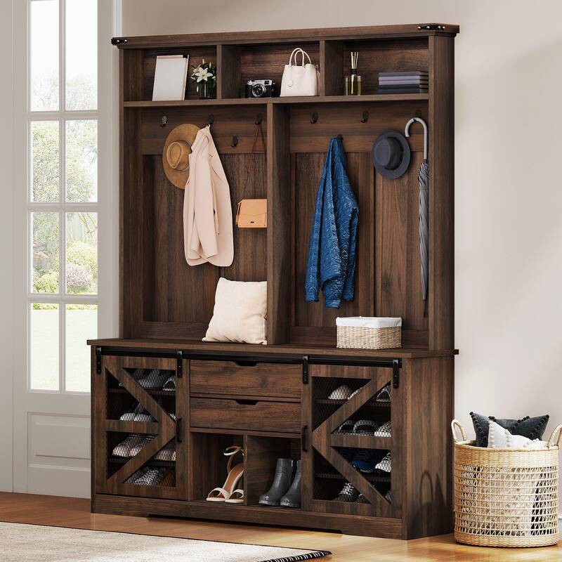 Moasis Farmhouse Hall Tree with Bench and Shoe Storage, 2 Drawers Coat Rack for Entyrway - Walnut