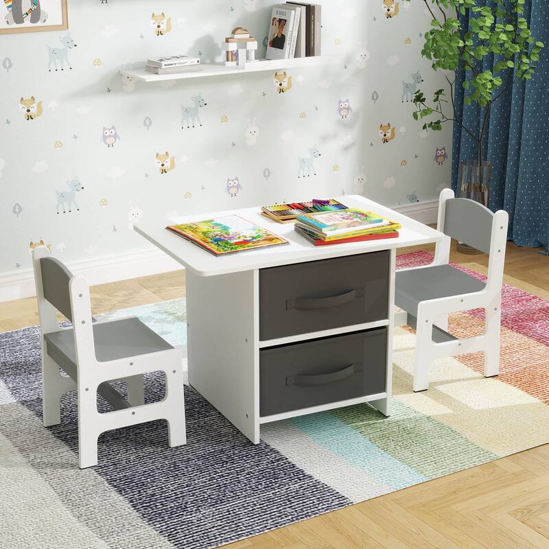 Babyjoy Kids Art Play Wood Table and 2 Chairs Set w/ Storage Baskets