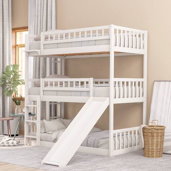 slide 2 of 18, Twin Size Pine Wood Triple Bunk Bed with Guardrails, Convertible Ladder and Slide, Convertible Configuration White