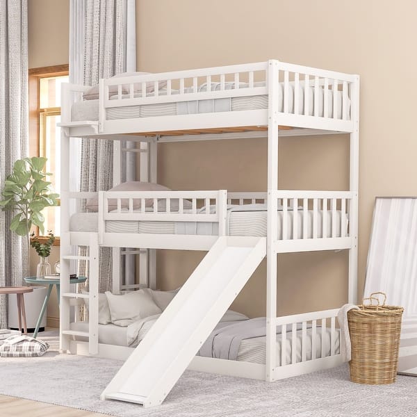 slide 2 of 9, White Twin Size Pine Wood Triple Bunk Bed with Guardrails, Convertible Ladder and Slide, Convertible Configuration White