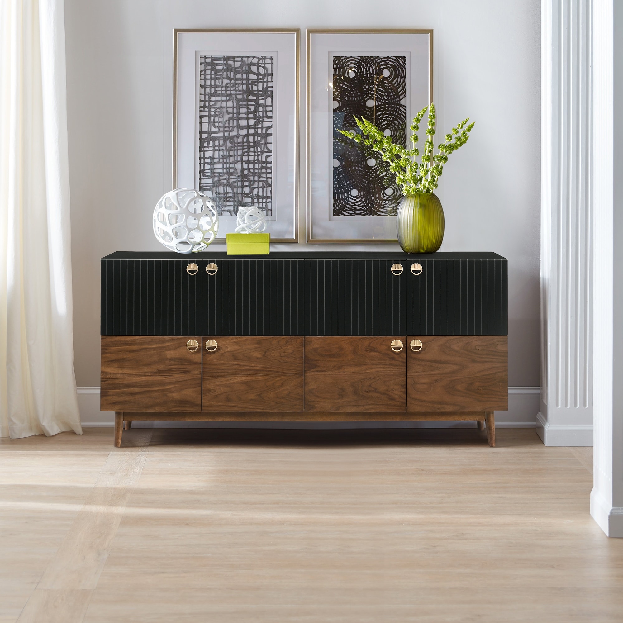 Amigo Black and Walnut Wood 4 Door Buffet Sideboard Storage Cabinet
