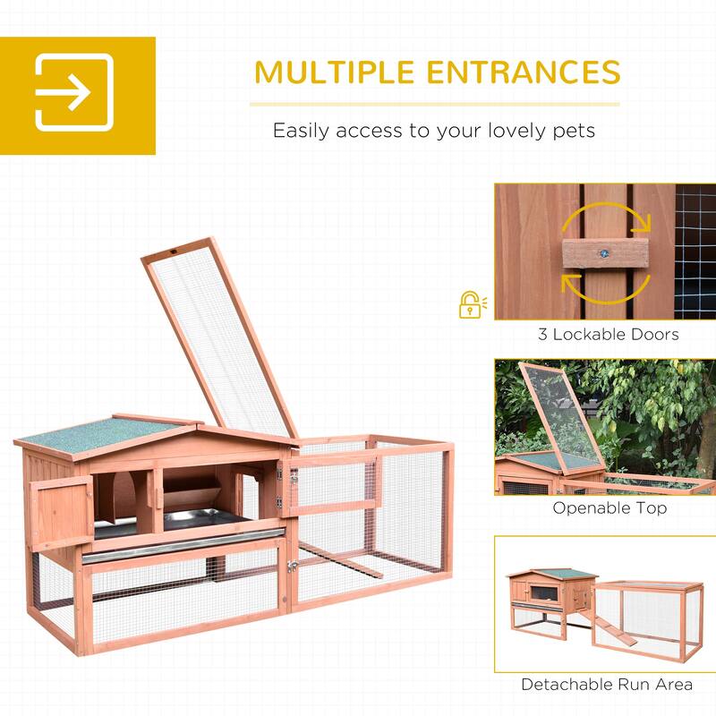 Outdoor Natural Wooden Bunny Hutch with Run Small Animal Cage for Guinea Pigs - 62.25" L x 22.75" W x 26.75" H
