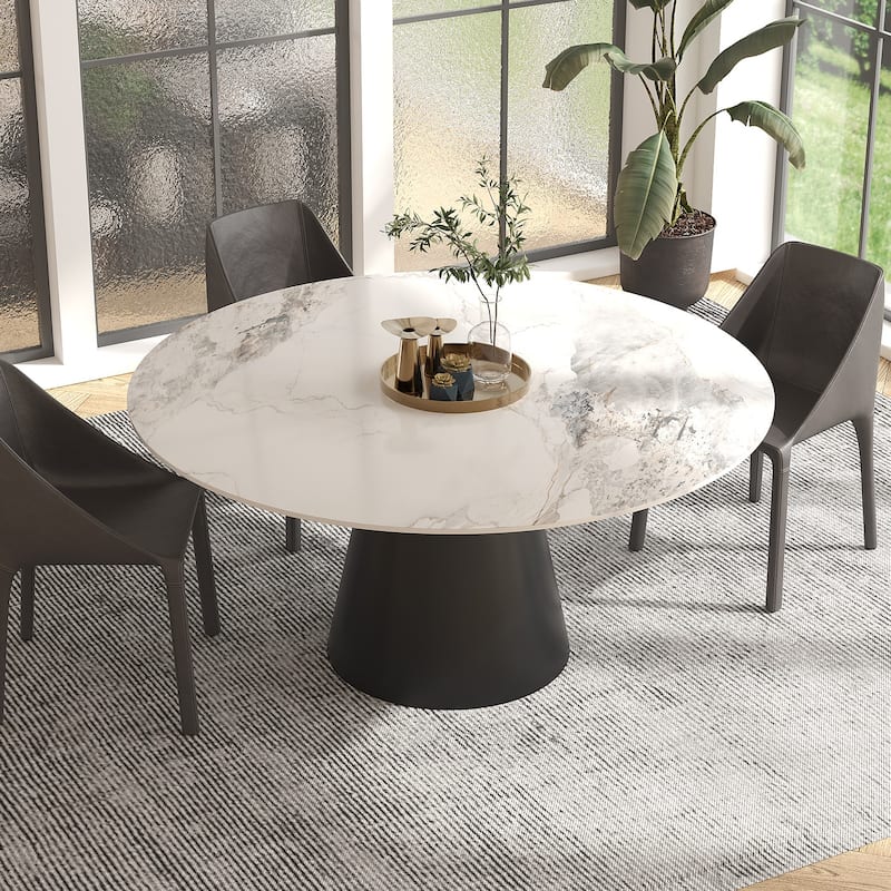 Modern Round Rock Slabs Black Titanium Stainless Steel Pedestal Dining Table