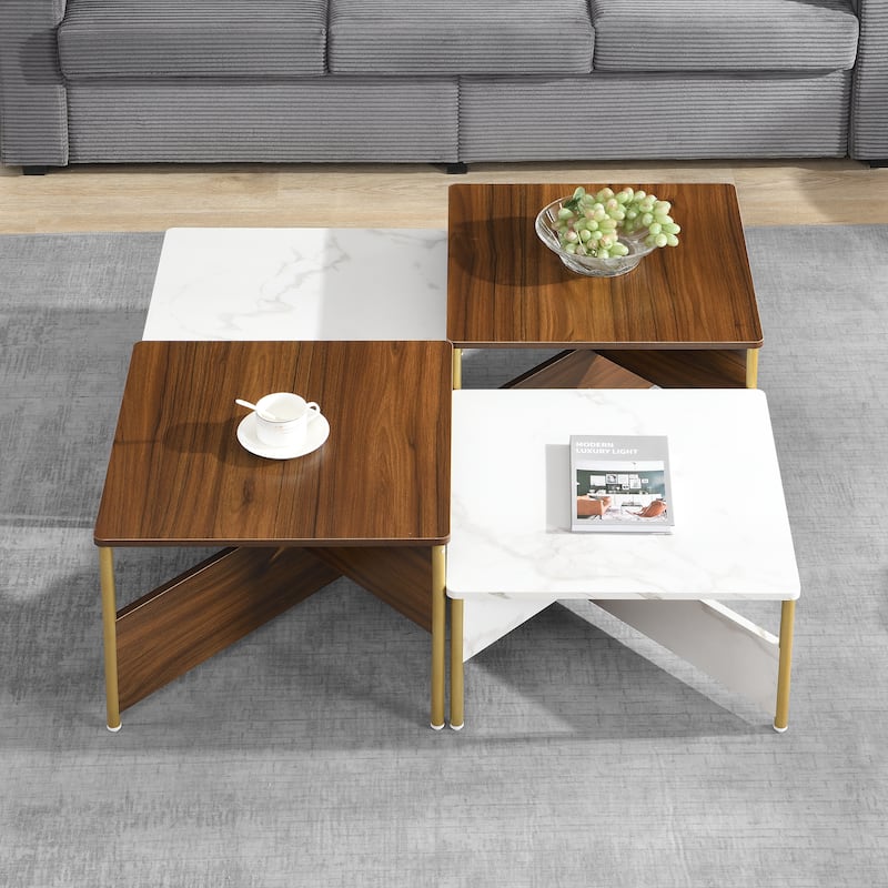 Roomfitters Set of 4 Nesting Coffee Tables, Modular Square Faux Marble Accent Tables - White+Walnut