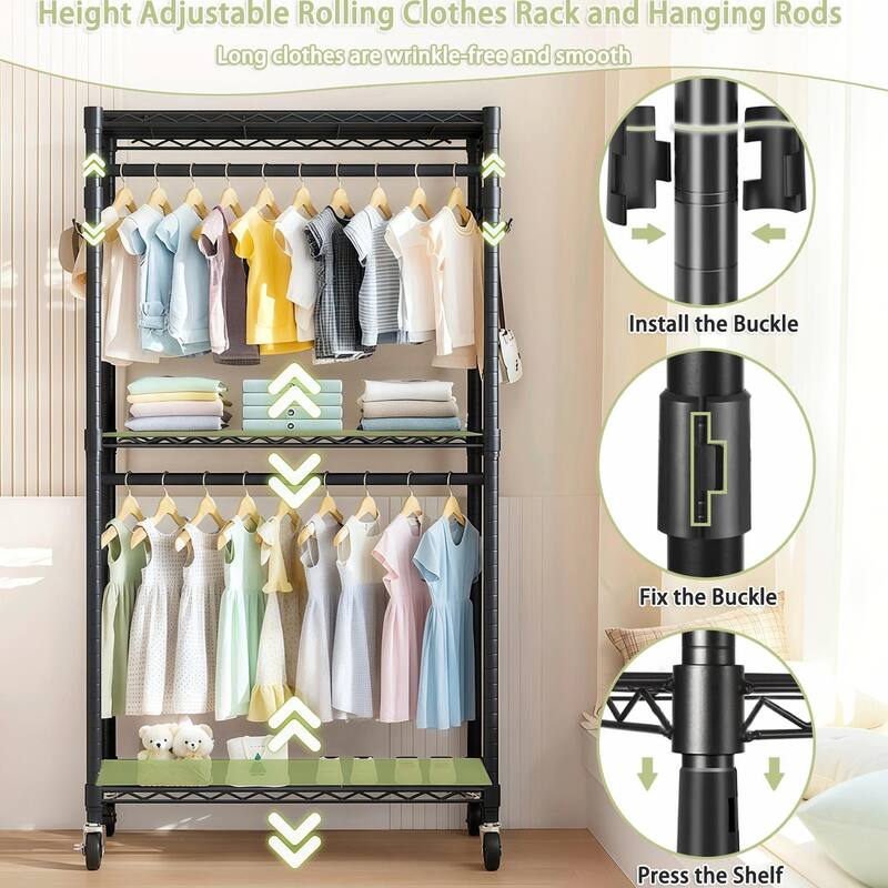 Heavy Duty Rolling Clothes Rack with 3 Shelves & 2 Rails, Black