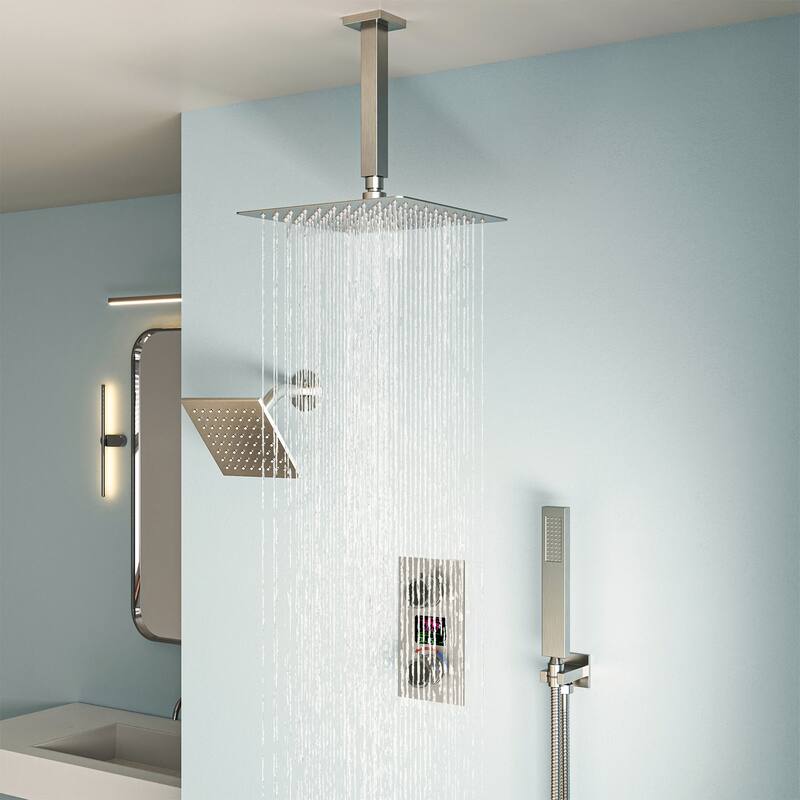 Dual Heads 12" Rainfall & High Pressure 6" Shower System w/ 3 Way Digital Display Faucet