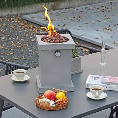 Portable Tabletop Fireplace Small Propane Fire Pit, Outdoor 10 Inch Square Concrete Tabletop Gas Firebowl, 10,000 BTU Light Grey