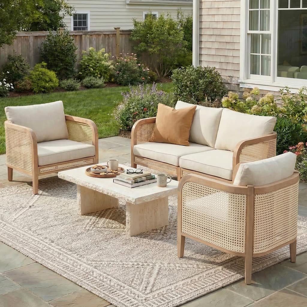 Christopher Knight Home - Helvon 3-Piece Outdoor Acacia Wood Conversation Set with Woven Lounge Chairs & Loveseat and Cushions
