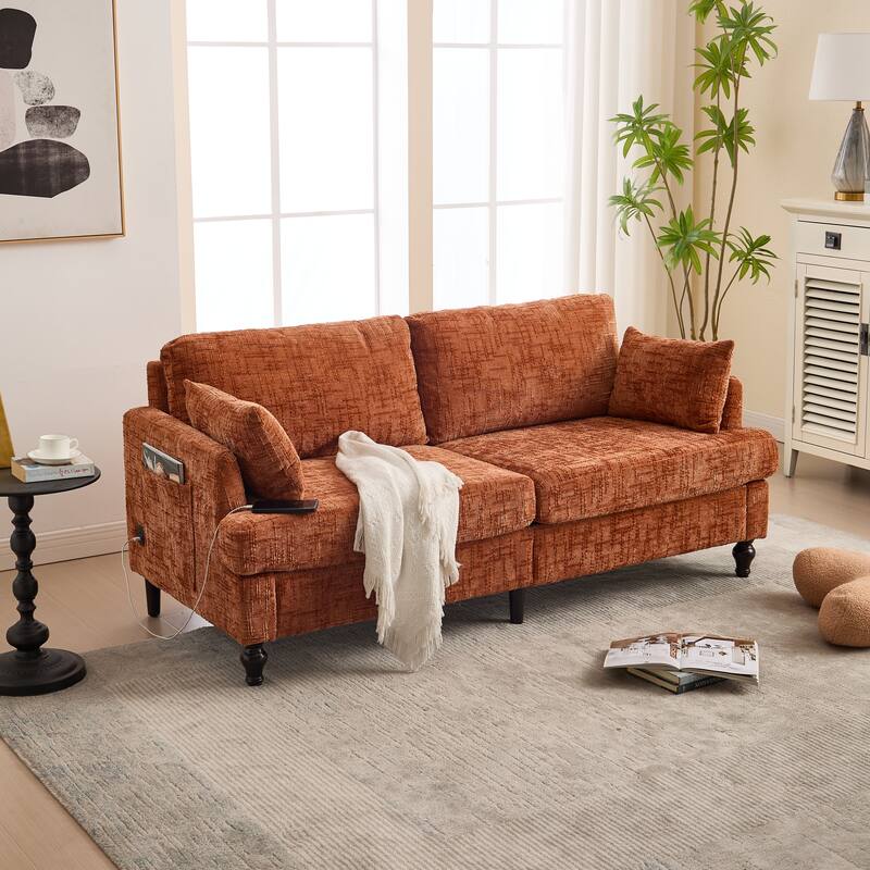 Multifunctional Sofa Couch Loveseat with Lights & Side Pocket, 2-Seater Sofa Couch with Charging Port - Orange