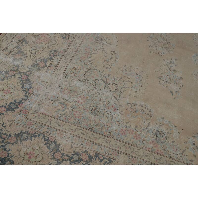 Hand Knotted Oriental 100% Wool Carpet Traditional Floral Beige & Ivories Kerman Area Rug - 14' 1'' X 10' 1''