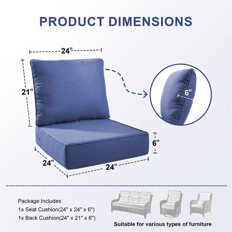 Pocassy 24x24x6 Inch Thick Cushions Pillows Indoor Outdoor Deep Seat Water & Fade Resistant - 5 Set