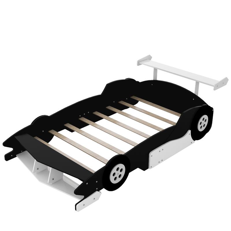 Sleek Full Size Black Race Car Bed with Functional Wheels and Safety Rails