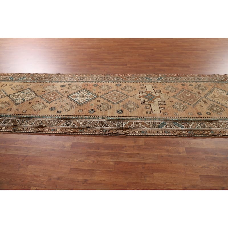 Geometric Heriz Persian Vintage Runner Rug Handmade Wool Carpet - 3'9"x 13'1"