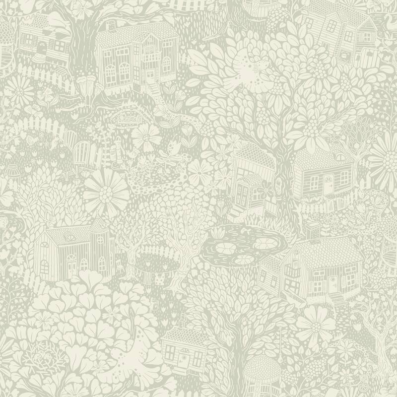 Botanical Gainesville Bygga Bo Neutral Woodland Village 33 ft L X 20.9 in W Wallpaper. - Seafoam
