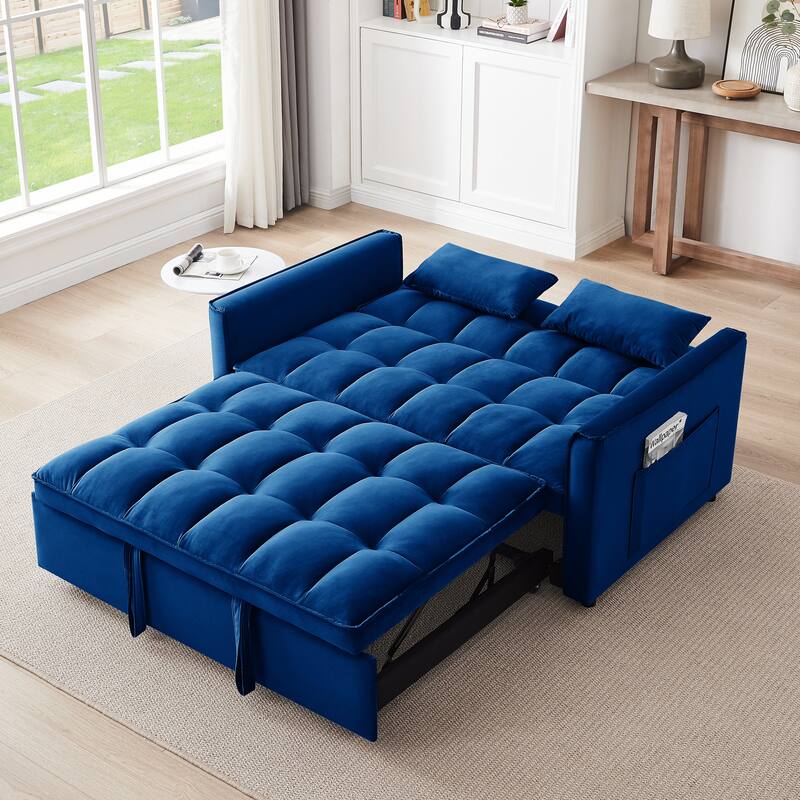 3 in 1 Convertible Sofa Bed, Pull Out Sleeper Sofa Couch with Adjustable Backrest, Storage Bag and Pillow, Velvet Futon Sofa Bed
