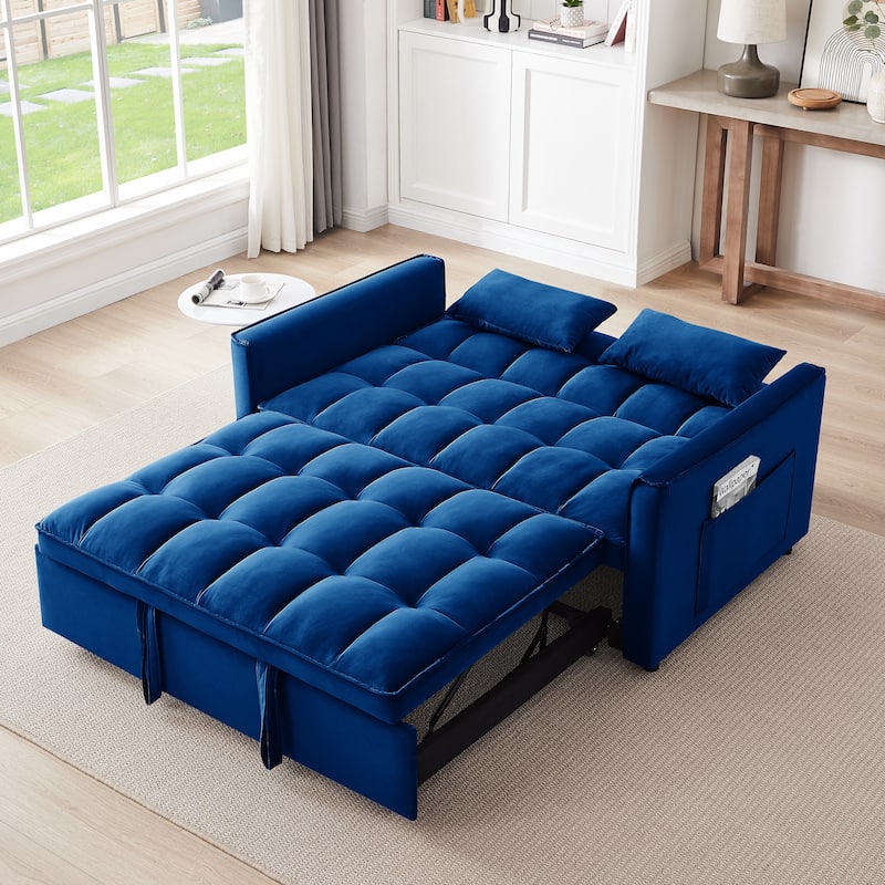 Blue Modern 55.1" 3 in 1 Convertible Loveseat Sofa Bed with Adjustable Back and Storage Bag for Living Room