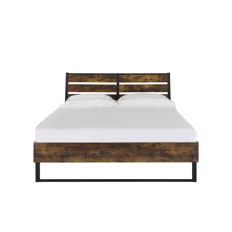Rustic Oak & Black Finish King Bed with Metal Slats - Modern Industrial Style - Oak