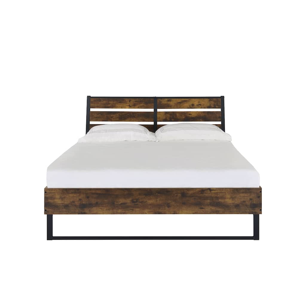 Rustic Oak & Black Finish King Bed with Metal Slats - Modern Industrial Style