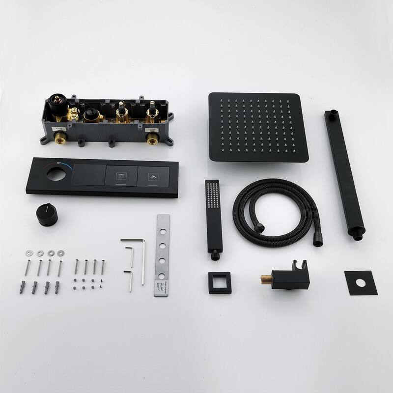 Digital Display Thermostatic Shower Faucet with Hand Shower Brass Rain 12 Inch Wall Mount Shower System with Valve