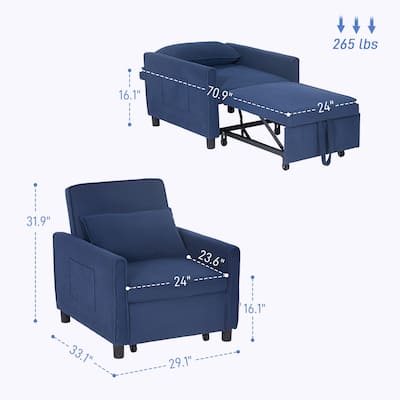 Blue Corduroy Chair Bed 3 in 1 Convertible Recliner Lounge Chair Sofa Bed with Padded Mattress and Pillow
