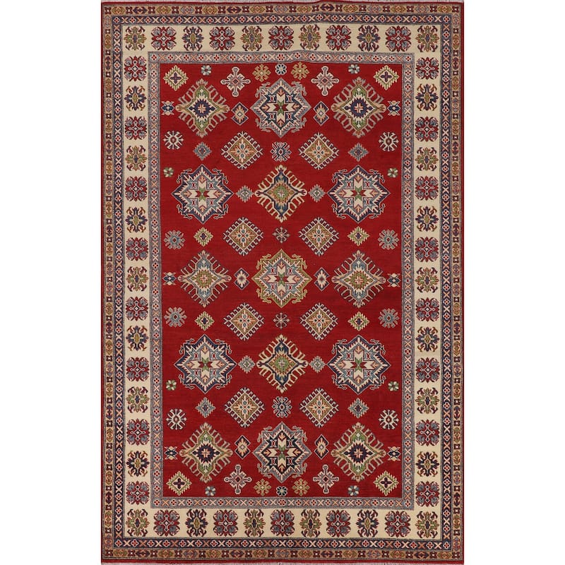 Geometric Kazak Area Rug Hand-Knotted Oriental Red Wool Carpet - 6'6" x 9'11"