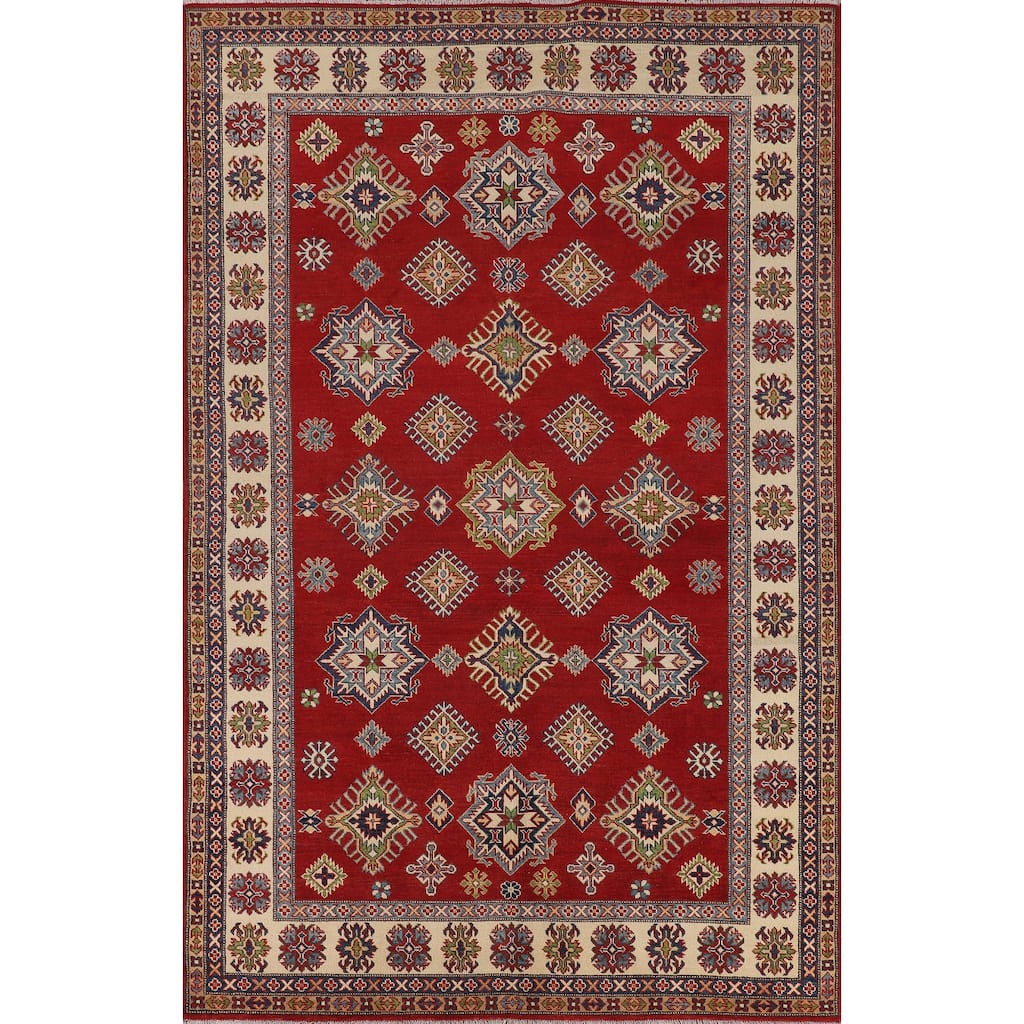 Geometric Kazak Area Rug Hand-Knotted Oriental Red Wool Carpet - 6'6" x 9'11"