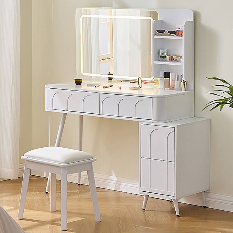 Modern Makeup Vanity Desk with LED Lights & Mirror, Extendable Dressing Table Set with Stool, 4 Drawer & Side Cabinet