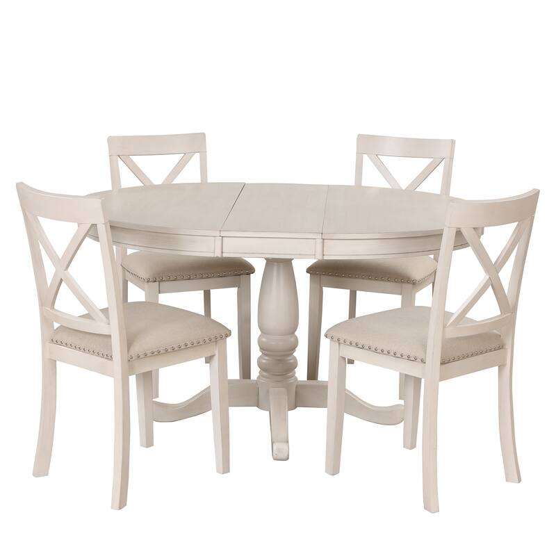 5-Piece Wooden Dining Table Set with Expandable Round Table & 4 Chairs