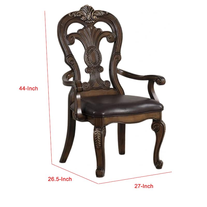 Leova Armchair Set of 2, Ornate Corbels, Dark Brown Wood, Faux Leather