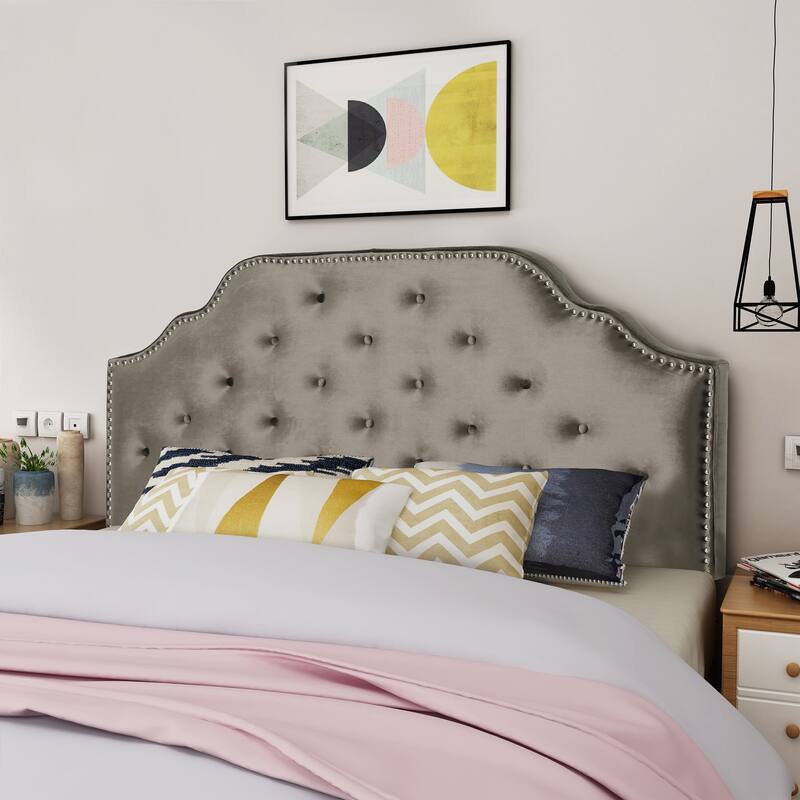 Roomfitters Adjustable Fabric Headboard for Queen and Full Size Bed with Nailhead Trim - Grey