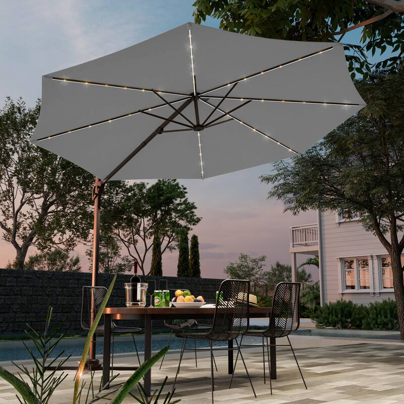 LIVOOSUN 10FT LED Round Cantilever Umbrella For Your Outdoor Space, Solution-Dyed Fabric, 360° Rotation System - WarmGray