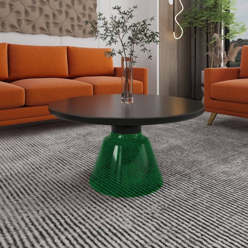 Tully Modern Round Coffee Table Glass/Stone Tabletop with Black Iron Rim Frame & Glass Pedestal Base for Living or Bed Room