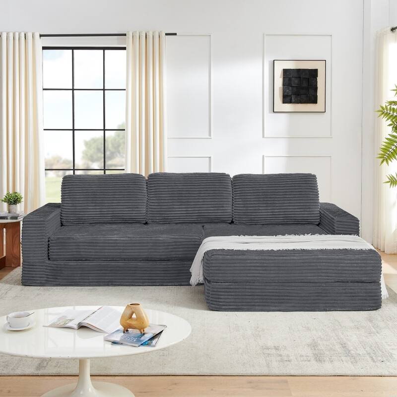 112.6" Modern L-shaped Modular Sectional Sofa in Corduroy, Unfold into Bed for Rest - Grey - Left Facing