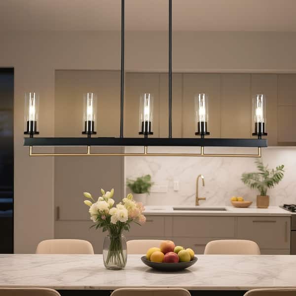 slide 2 of 11, Modern Industrial 3/5-Light Chandelier Black Gold Kitchen Island Light Fixture with Clear Glass for Dining Room