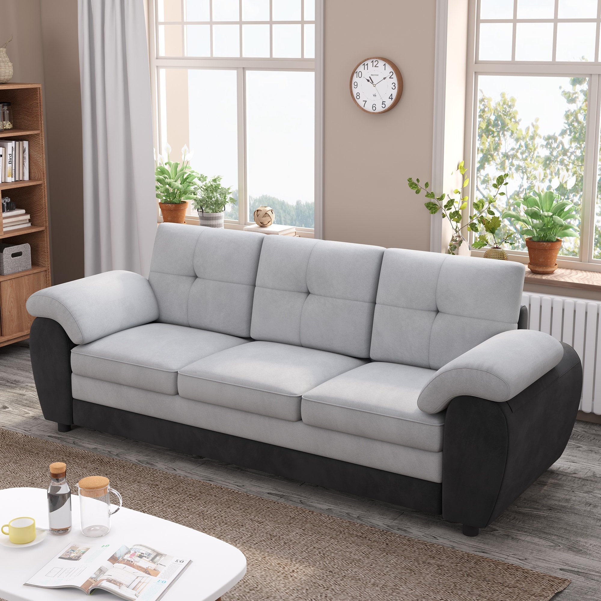 3 Seater Sofa Black Leather Paired with Light Gray Velvet Sofa