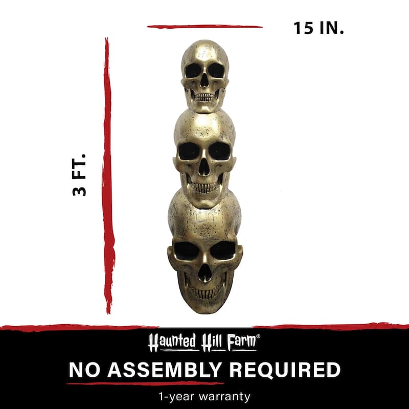Haunted Hill Farm 3-Ft. Golden Skull Stack Prelit LED Resin Figurine, Indoor or Covered Outdoor Halloween Decoration, Plug-In
