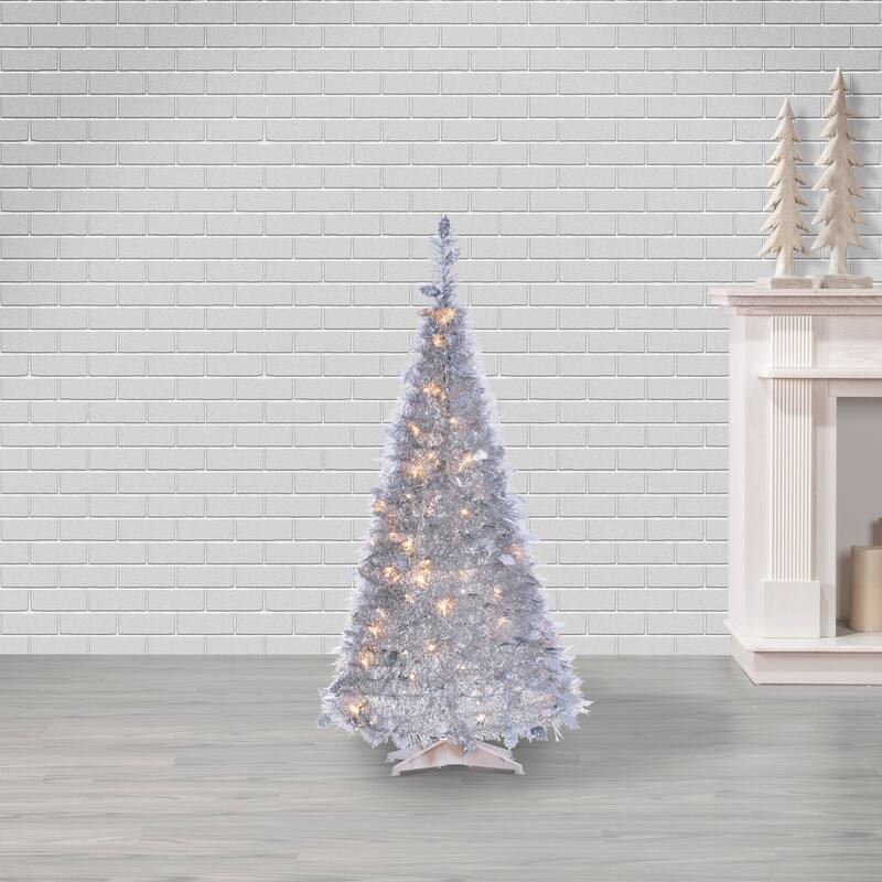 4 ft. Pre Lit Warm White LED Pop up Silver Tinsel Tree