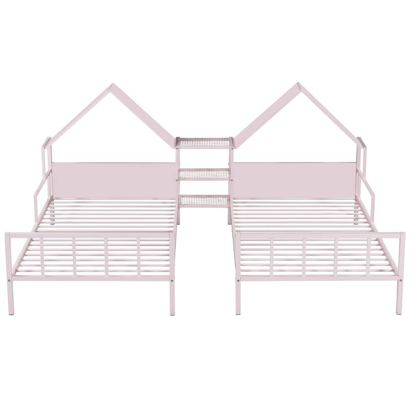 Merax Metal Double Twin Size Platform Bed with a Built-in Nightstand