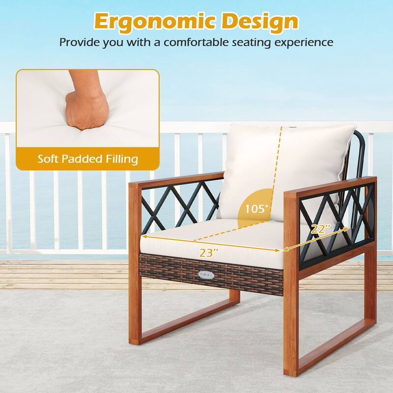 Gymax 3 Pieces PE Wicker Patio Set w/Solid Acacia Wood Frame & Soft