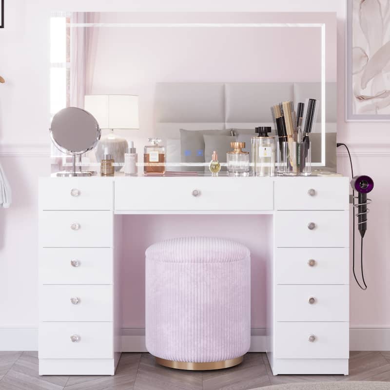 Boahaus Premium Makeup Vanity Desk Full-Width LED Mirror, Bluetooth Speakers 11 Drawers
