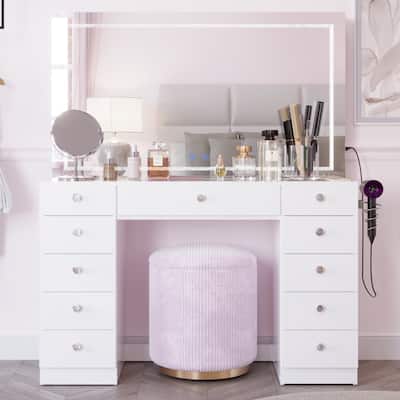 Boahaus Premium Makeup Vanity Desk Full-Width LED Mirror, Bluetooth Speakers 11 Drawers