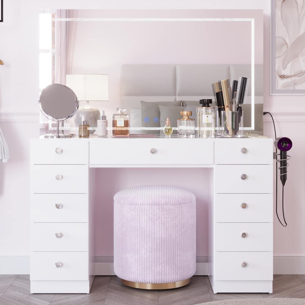 Boahaus Premium Makeup Vanity Desk Full-Width LED Mirror, Bluetooth Speakers 11 Drawers