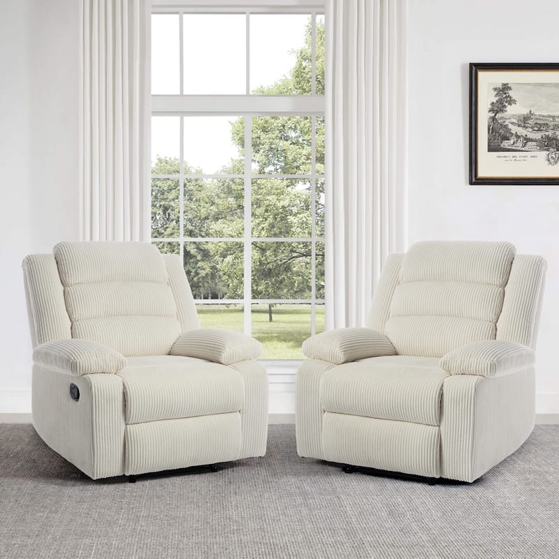 Overstuffed Cotton Corduroy Manual Pushback Recliner with Wide Armrest - Beige Corduroy/2-Piece