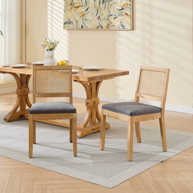 Roomfitters Rattan Dining Chairs Set of 2, Mid-Century Farmhouse Kitchen Chairs with Cane Back and Linen Upholstery - Grey