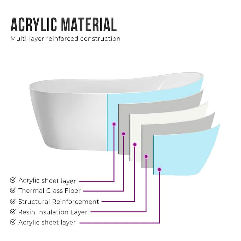 Vanity Art 59-Inch Acrylic Freestanding Soaking Bathtub with Overflow & Pop-up Drain - 59"