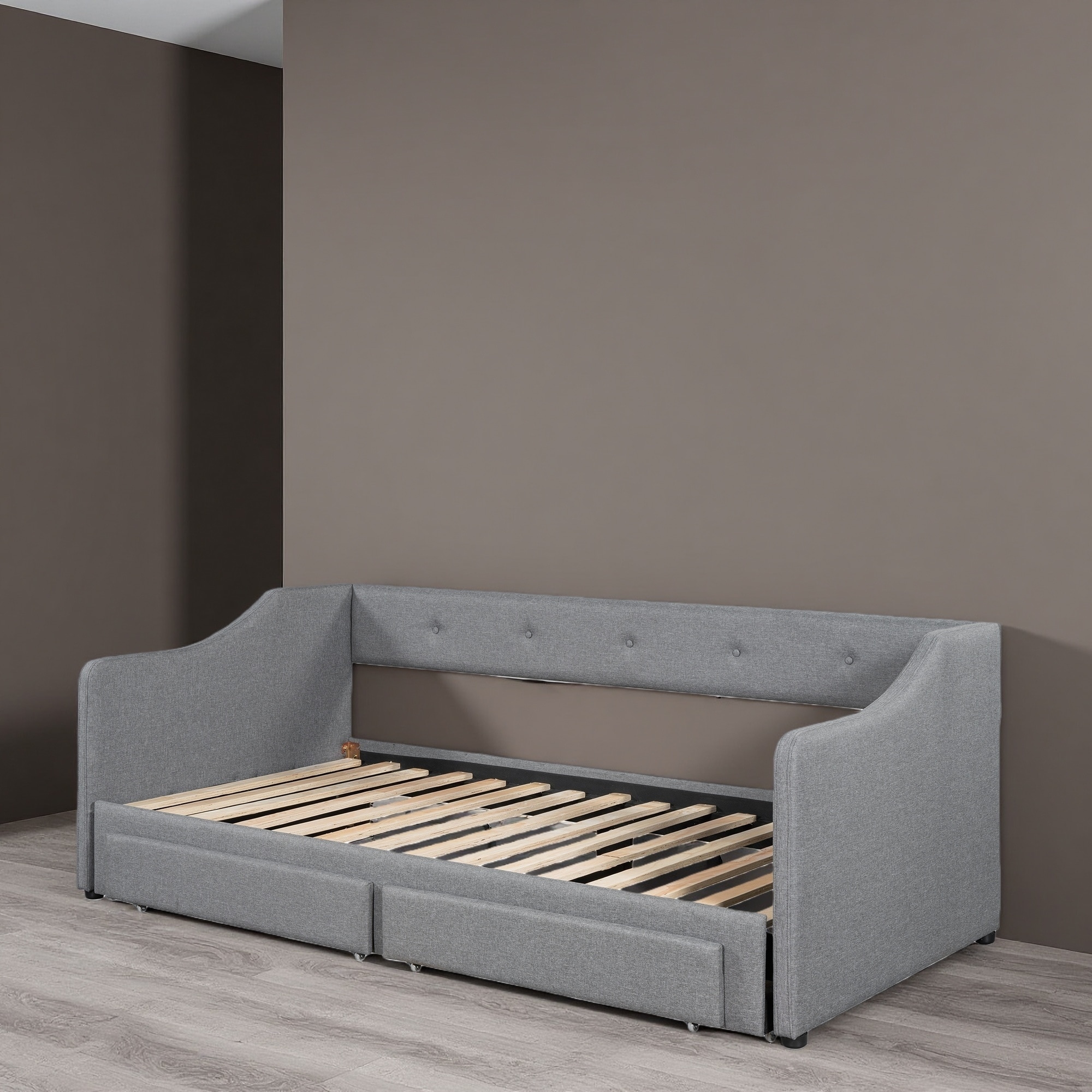 Twin XL-King Linen Upholstered Daybed with Drawers & Trundle