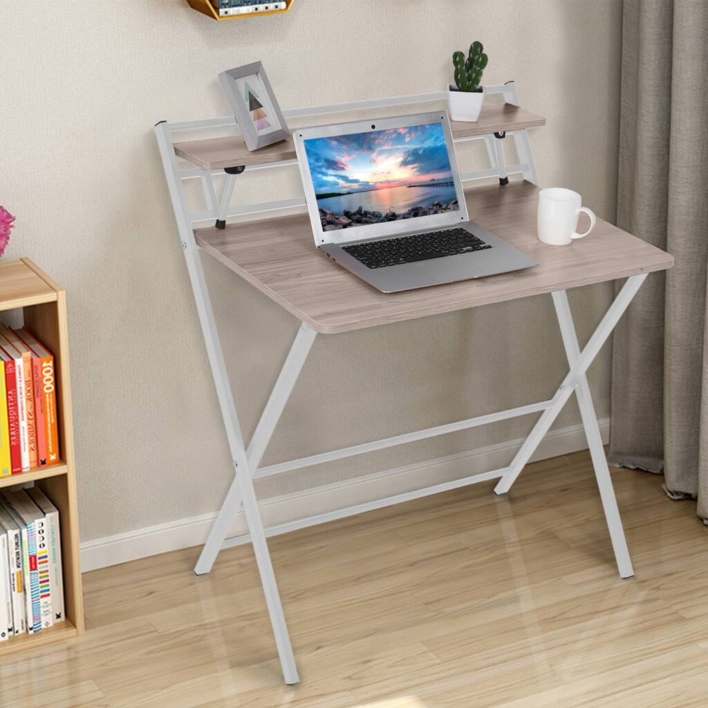 Folding Desk 2-layer Small Desk With Shelf, Foldable Table Without Assembly Computer Desk Study Table